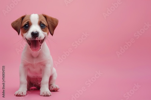 portrait of small cute white and brown puppy smiling on pink background with copy space
