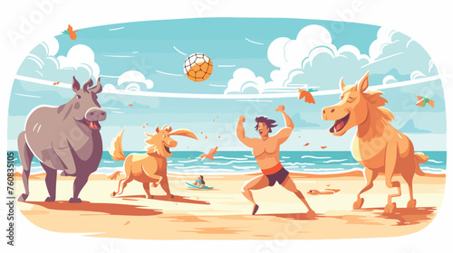A comical scene of animals having a game of volleyball