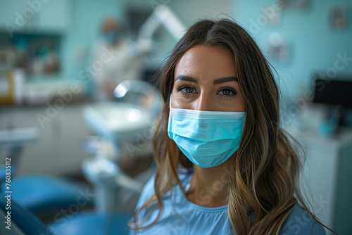Portrait of female dentist wearing protective face mask sitting in dental clinic