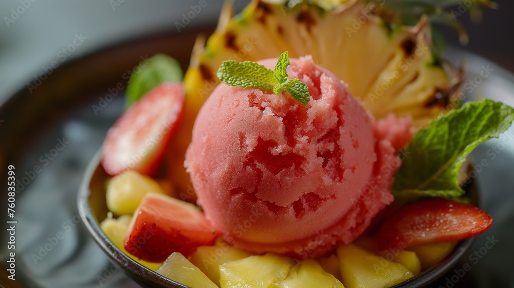 A sumptuous explosion of tropical flavors captured in a close-up of a fruity sorbet served in a hollowed-out pineapple shell.