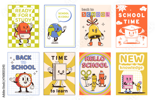 Back to school cards. Retro style posters with funky stationery characters. Groovy book and alarm, bell and globe. Motivational snugly vector banners