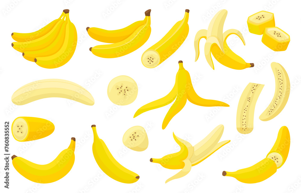 Cartoon bananas. Fresh isolated banana, cuts slices, in peel and peeled fruit. Exotic vitamin food, tropical vegetarian snack neoteric vector set Cartoon bananas. Fresh isolated banana, cuts slices, in peel and peeled fruit. Exotic vitamin food, tropical vegetarian snack neoteric vector set