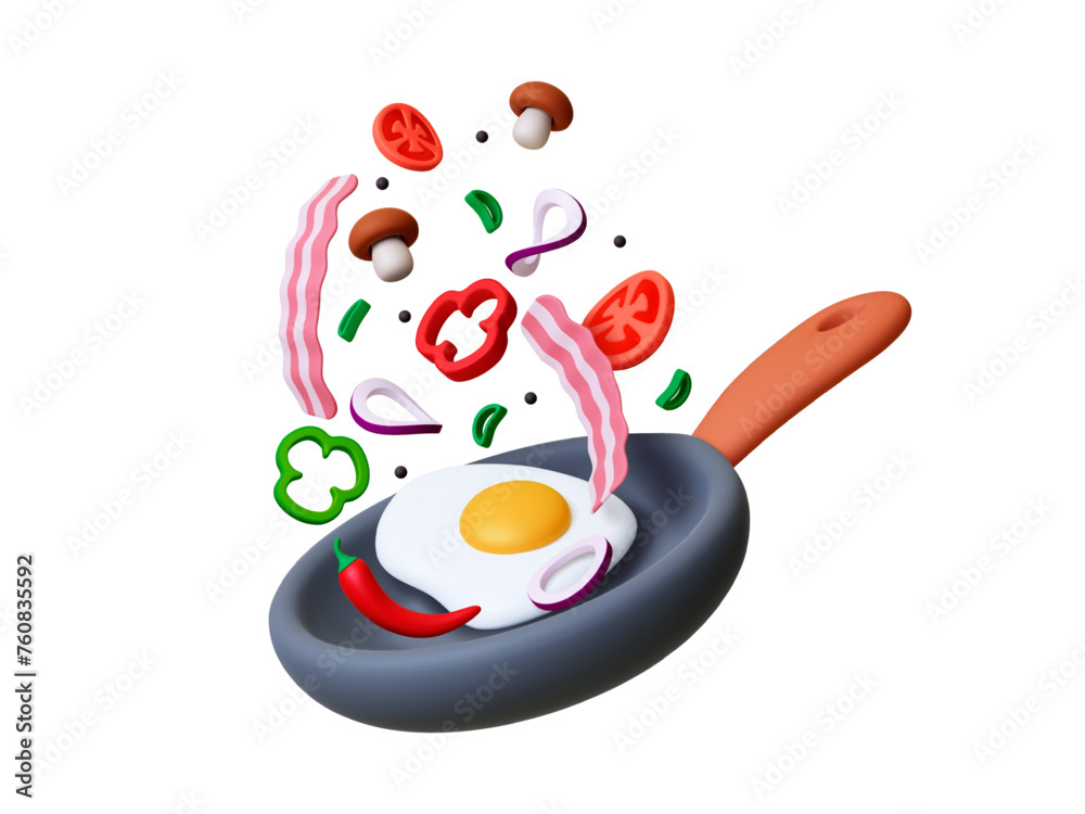 Cooking breakfast 3d concept. On pan frying eggs, vegetables and bacon slices. Morning food exploding on fry pan. Realistic ingredients, pithy vector scene