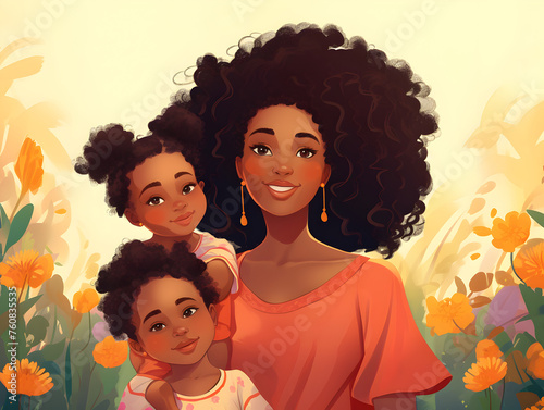 Illustration of an Afroamerican woman with children  happy mothers day theme background 
