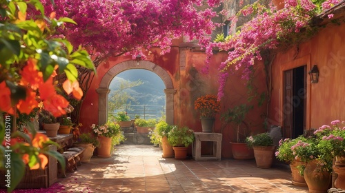 A sunlit garden filled with cascading bougainvillea, their vibrant hues contrasting against the rustic terracotta walls.