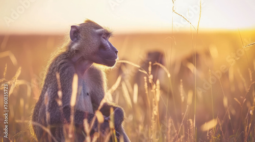 a baboon sitting in the middle of a field of tall grass with the sun shining on it's back. photo