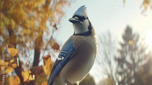 a blue jay perched on top of a tree branch in front of a tree with yellow leaves and a blue sky in the background. photo