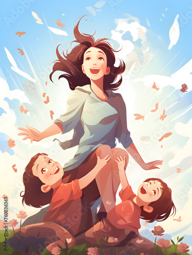 Illustration of a mother with children, abstract happy mothers day theme background