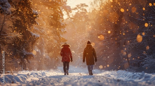 Two People Walking in the Snow Holding Hands