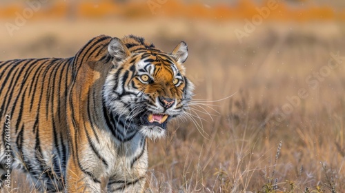 a close up of a tiger in a field of tall grass with it s mouth open and it s mouth wide open.