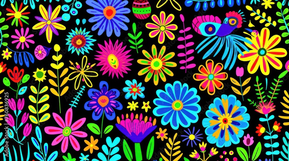 a black background with a bunch of colorful flowers and birds in the center of the image and a black background with a bunch of colorful flowers and birds in the middle.