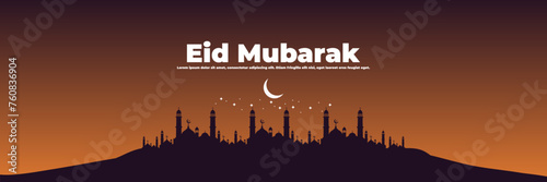 Eid mubarak night vector illustration with mosque silhouette ramadan good for web banner, ads banner, booklet, wallpaper, background template, and advertising 