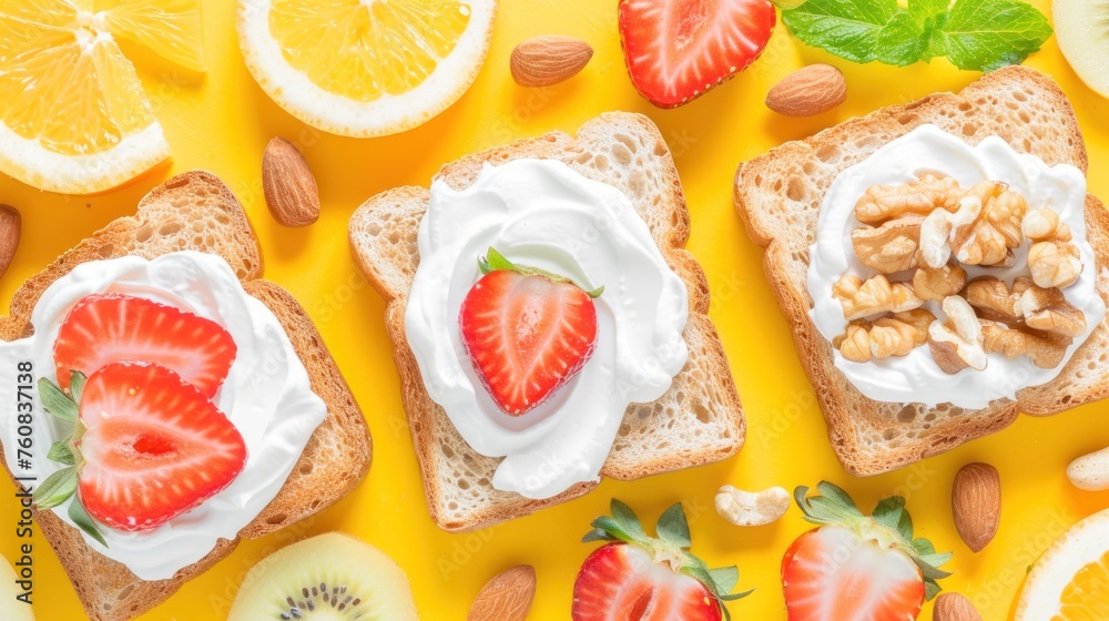 two pieces of bread with yogurt, nuts, and fruit on them next to sliced oranges and kiwis. two pieces of bread with yogurt, nuts, and fruit on them next to sliced oranges and kiwis.