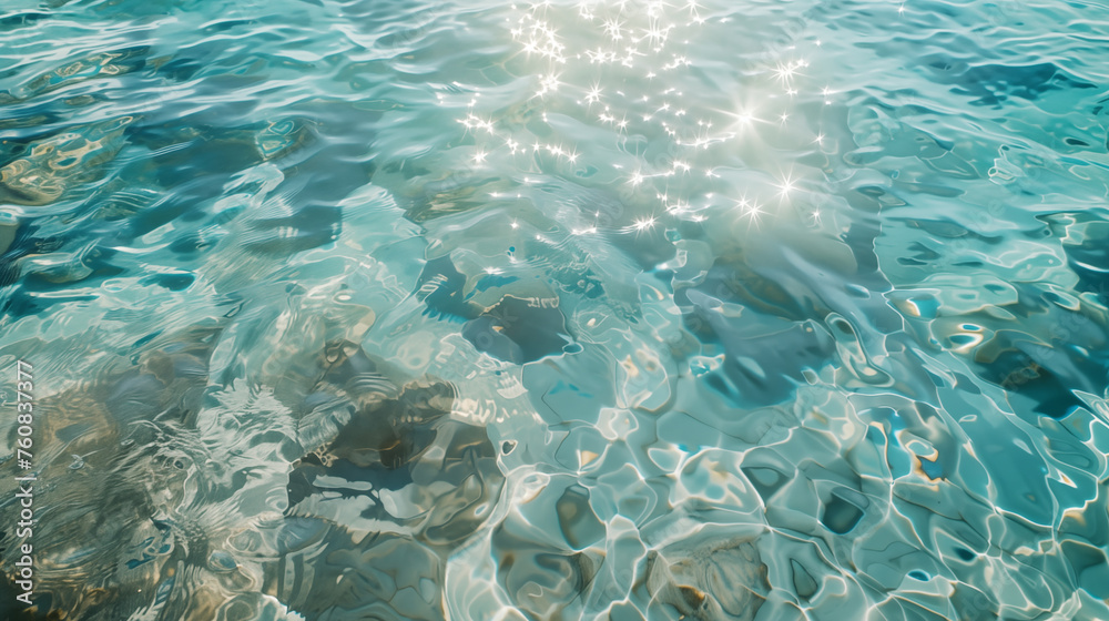Sunlight dances on the surface of the sea, creating a sparkling effect on the ripples of the tranquil waters. The light blue hues of the water shimmer