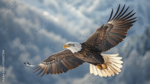 Bald Eagle Flying in Front of Snowy Mountain