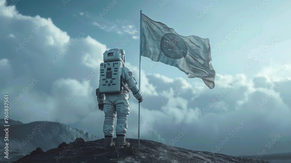 An astronaut in a space suit holding a flag on a simulated lunar or Martian surface, representing the future possibilities of human space flight for International Day of Human Space Flight - obrazy, fototapety, plakaty 