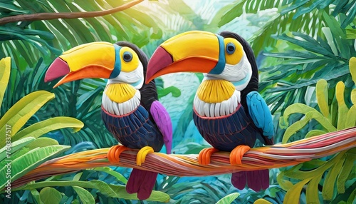 dos alegres y divertidos tucanes hechos con tiras de plastilina de colores y tema infantil photo