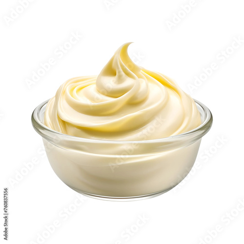 White Mayonnaise Cream in glass bowl isolated on transparent background, PNG Object