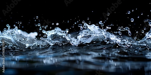 A water splash suspended in darkness against a sleek black backdrop. Concept Water Splash Photography, Dark Background, Abstract Art, High-speed Photography, Liquid Motion © Anastasiia