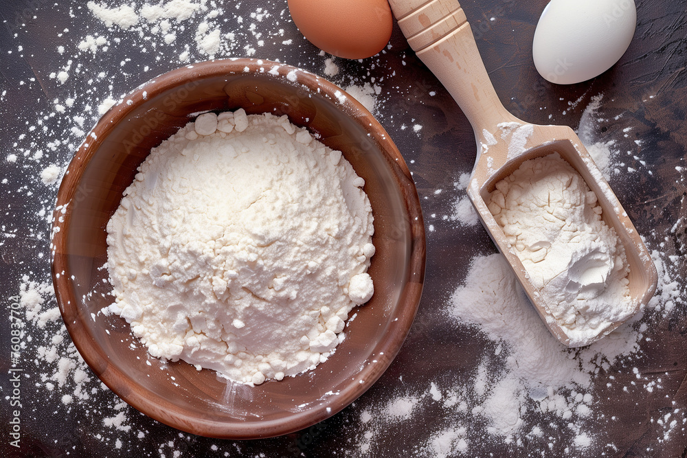 Preparing for Baking Scene with Flour, Eggs, and Wooden Scoop Preparing for Baking Scene with Flour, Eggs, and Wooden Scoop
