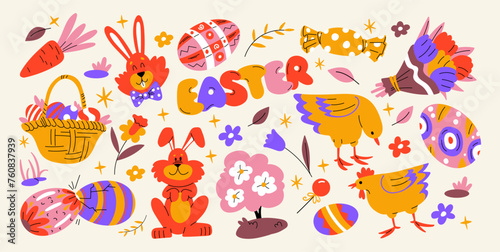 Cartoon set of Easter stickers in abstract 90s retro style. Spring elements, rabbits, eggs, Christian holiday, Easter baskets, flowers. Vector groovy illustration