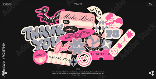 Collection futuristic y2k patches, labels, tags, stickers, bracelet stamps in retro style. Stickers in funky hipster grunge 90s style. Vector set, trendy promo labels