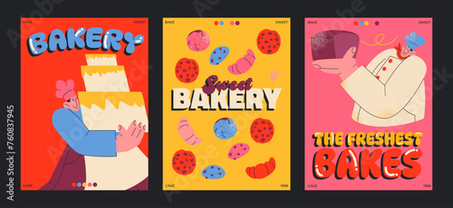 Cartoon posters of fresh baked goods with baker characters. Bright banners with hot baked goods: bottles, cookies, croissants, bread, dough. Mascots in aprons, pastry chefs in working uniform.