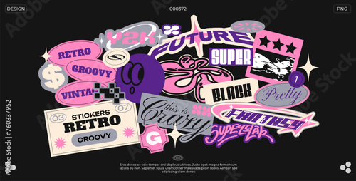 Collection futuristic y2k patches, labels, tags, stickers, bracelet stamps in retro style. Stickers in funky hipster grunge 90s style. Vector set, trendy promo labels