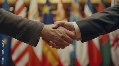 Trade Negotiation Agreement: Two diplomats shaking hands in front of their respective country flags,  symbolizing a successful trade negotiation agreement