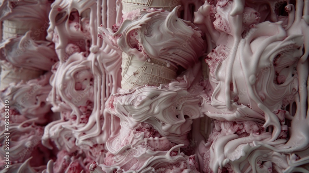 a close up of a wall covered in pink and white swirled icing and a bottle of wine in the middle of the wall. a close up of a wall covered in pink and white swirled icing and a bottle of wine in the middle of the wall.