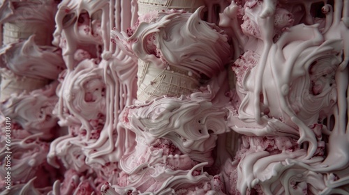 a close up of a wall covered in pink and white swirled icing and a bottle of wine in the middle of the wall.