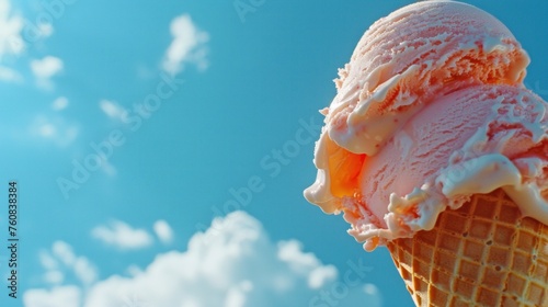 a scoop of ice cream sitting on top of an ice cream cone in a blue sky with clouds in the background. photo