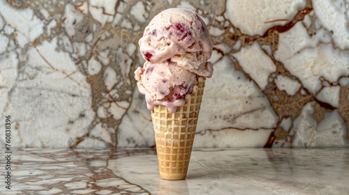 a scoop of ice cream sits in a waffle cone on a marble countertop in front of a marble wall. photo