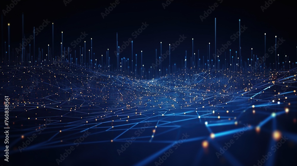Big data visualization technology concept. Futuristic low poly shapes and connecting the dots lines and dark blue background. - obrazy, fototapety, plakaty 
