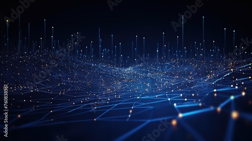 Big data visualization technology concept. Futuristic low poly shapes and connecting the dots lines and dark blue background.