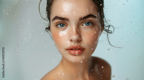 Beautiful girl washes her face on a light background. Water drops, advertising cosmetic products, banner, space for text.