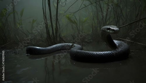 A Cobra Slithering Through A Murky Swamp © Safa