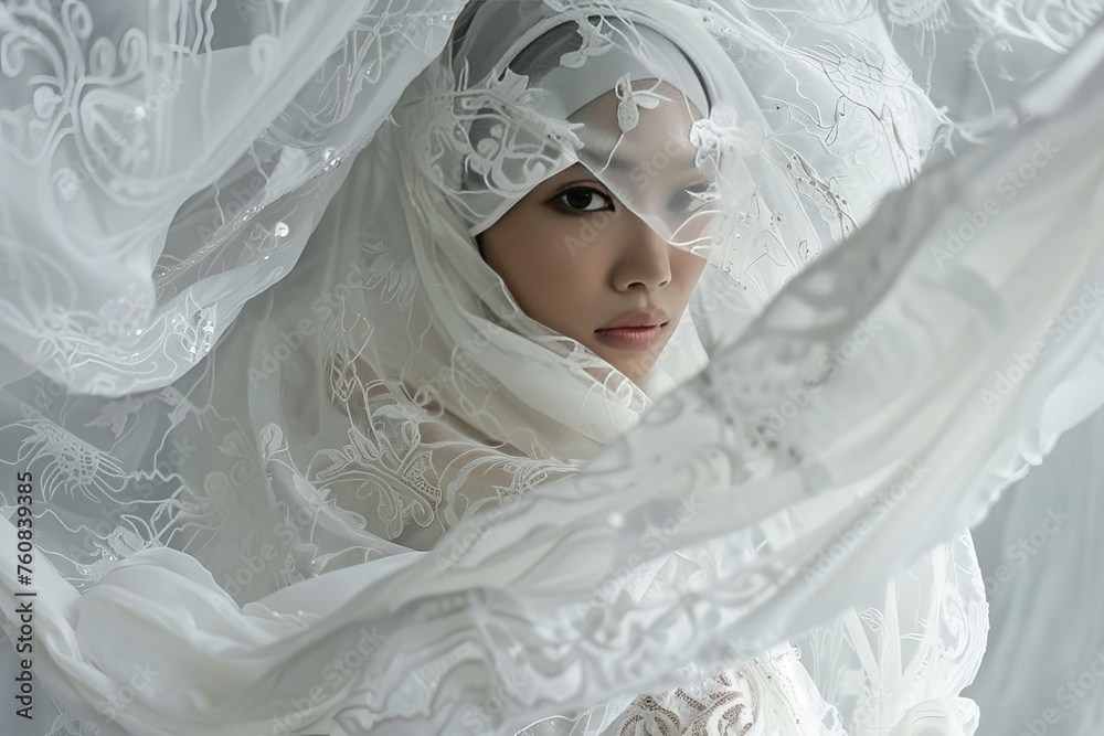 A Southeast Asian Muslim woman poses looking back at the camera. The Muslim woman in the white cloth that surrounds her. The concept of the beauty of women wearing hijab. Created with Generative AI. A Southeast Asian Muslim woman poses looking back at the camera. The Muslim woman in the white cloth that surrounds her. The concept of the beauty of women wearing hijab. Created with Generative AI.