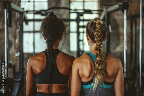 Motivated Back view two women workout fit. Active sport. Generate AI