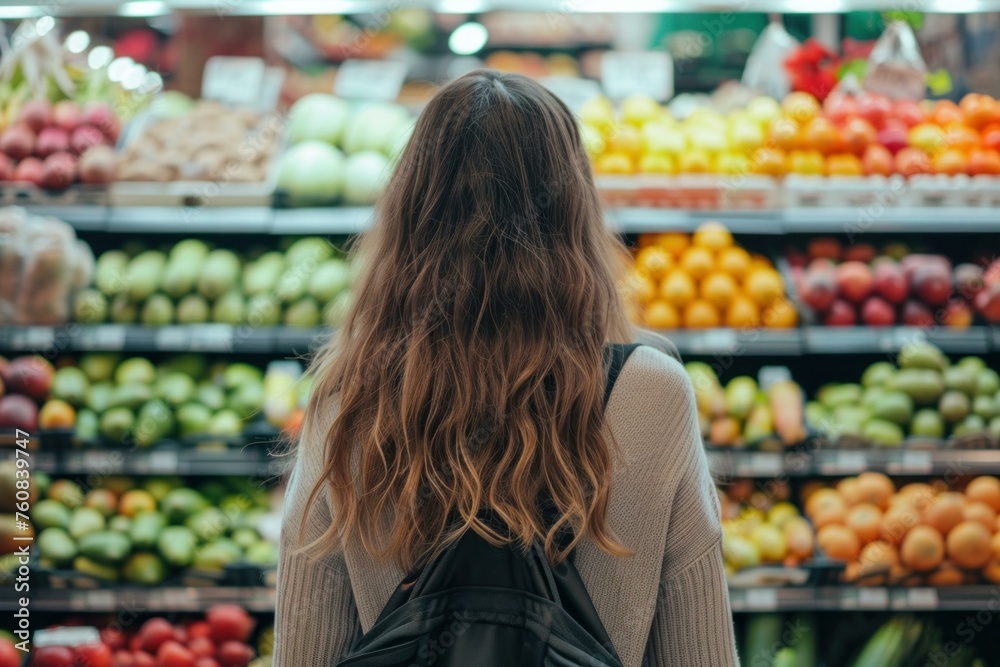 Focused Back view woman shopping food. Organic happy. Generate Ai