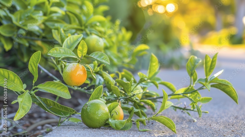 a close up of a plant with oranges growing on it and a street in the background with trees and bushes in the foreground.