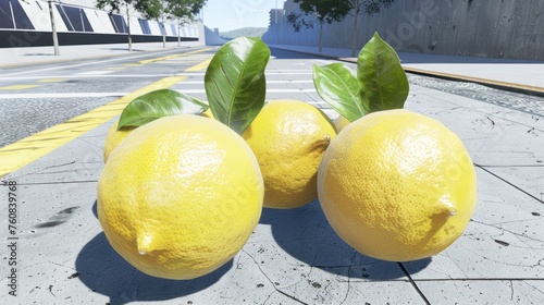 a couple of lemons sitting on top of a cement floor next to each other on a sidewalk near a street. photo