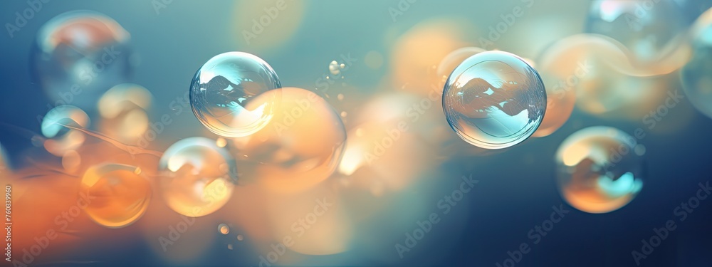 iridescent transparent soap bubbles on a blurred nature background