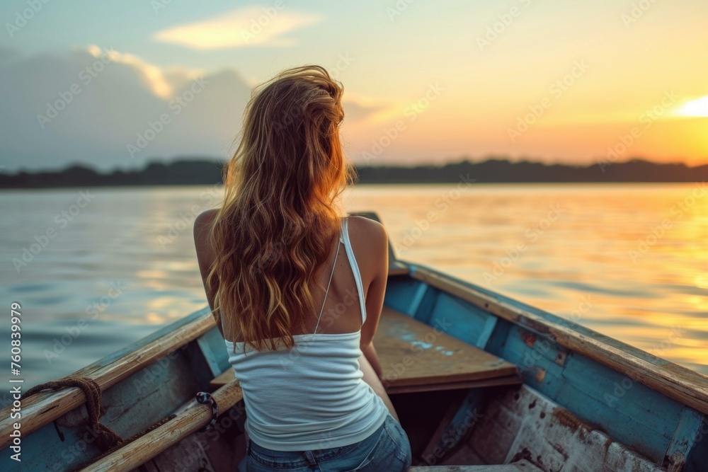 Fototapeta premium Peaceful Back view woman relaxing boat. Vacation summer. Generate Ai
