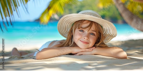 
A girl in a straw hat is resting at a resort. Concept: family vacation at a resort, traveling with children to the sea