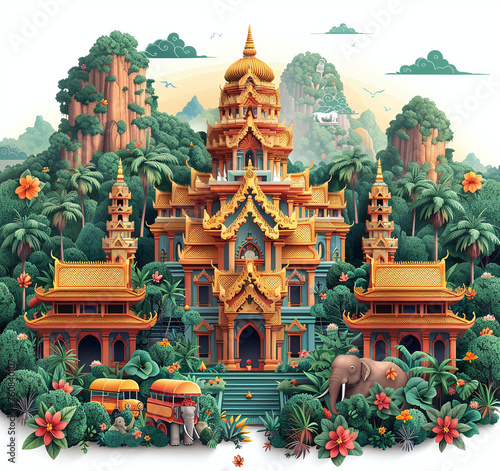 Fantasy illustration of a golden temple in a lush jungle with elephants and exotic flora.