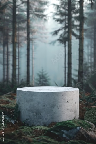 Forest green moss podium with oval texture in misty woodland setting for product display