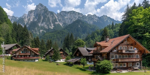 wooden chalets in alpine style against a backdrop of mountain peaks under a clear sky. Concept: mountain hiking and mountaineering, booklets about country holidays
