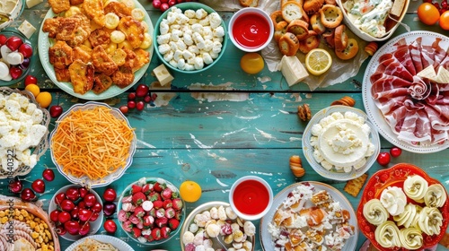 a table filled with lots of different types of food on plates next to bowls of dips and condiments. photo