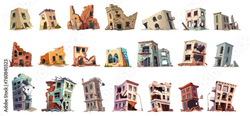 Cartoon different houses ruins. Destroyed homes after earthquake bombing. Old abandoned buildings without residents. Time flow, vector elements